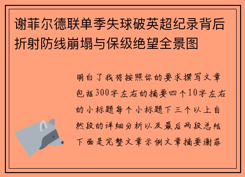 谢菲尔德联单季失球破英超纪录背后折射防线崩塌与保级绝望全景图